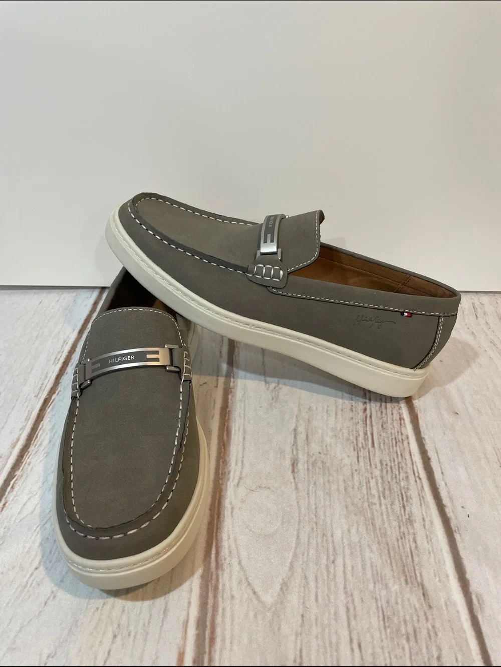 Tommy Hilfiger Men's Gray Slip-On Loafers with White Sole